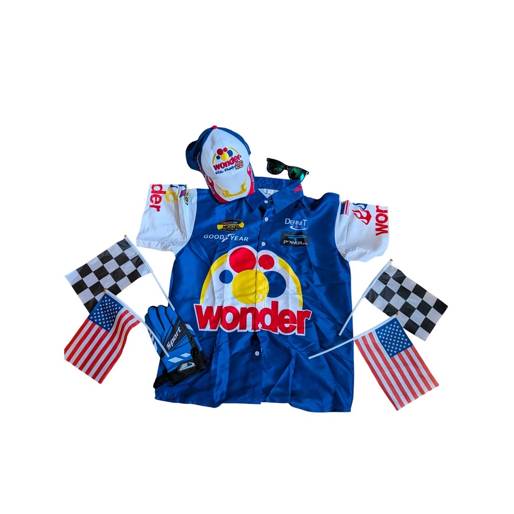 Ricky Bobby Wonder Bread Costume Set Shirt Hat Flags Sunglasses Mens Medium